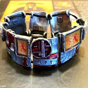 Fun pewter panel bracelet signed NES Montreal